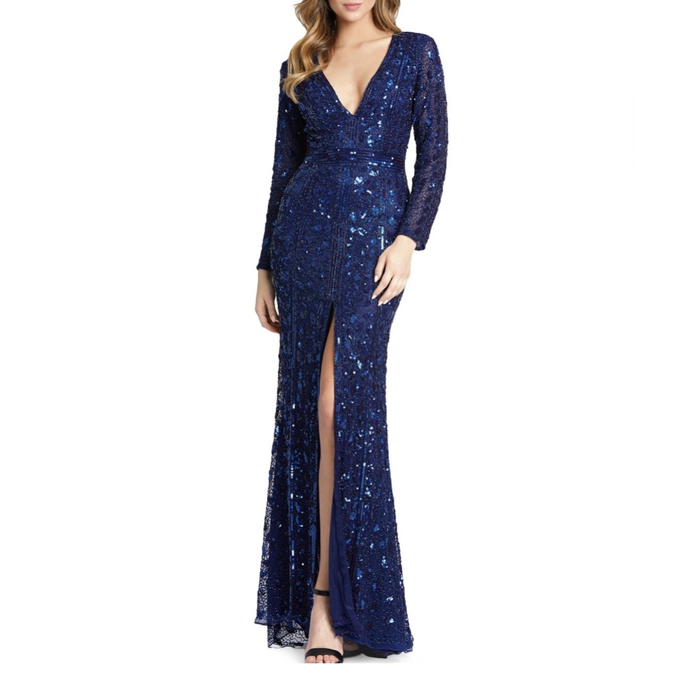 Mac Duggal Midnight Fully Sequined/Beaded Long Sleeve Dress, size 14
